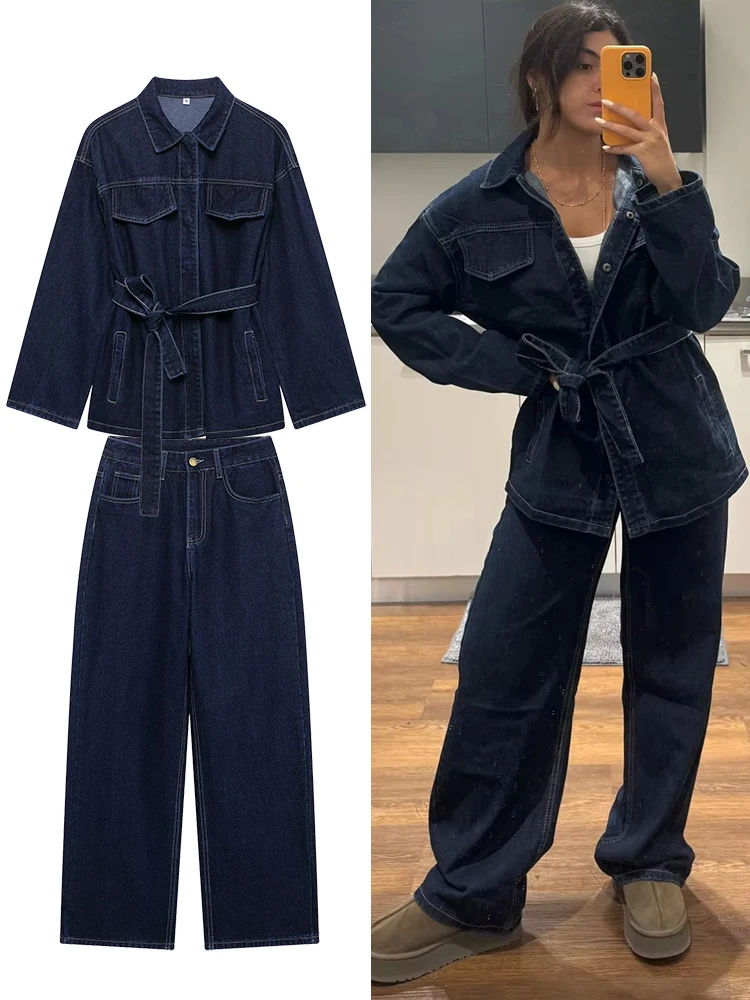 Women's Basic Dark Blue Denim Two-Piece Set With Belt Decoration, Long Sleeved Lapel Denim Jacket, Loose Denim Pants, Commuting
Women's Basic Dark Blue Denim Two-Piece Set With Belt Decoration, Long Sleeved Lapel Denim Jacket, Loose Denim Pants, Commuting