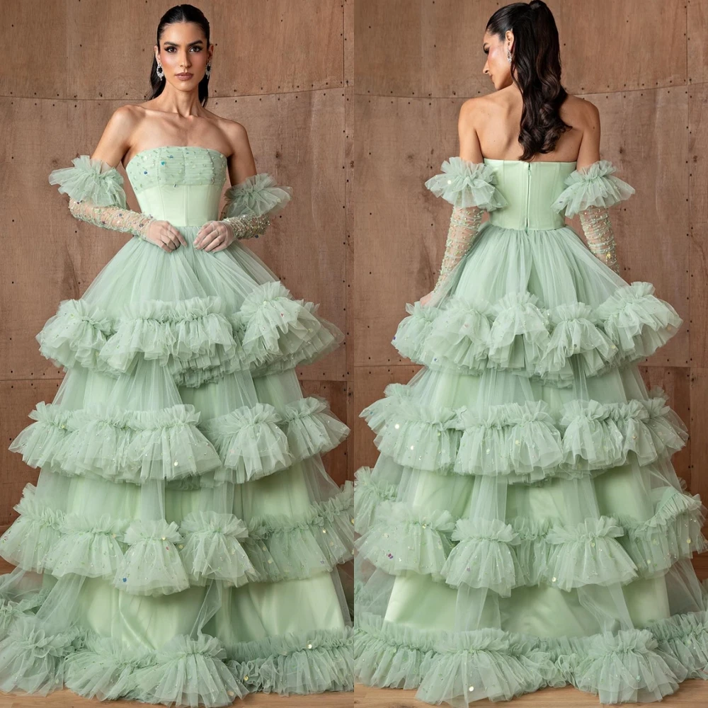 Customized Formal Tulle Evening Dress Exquisite Strapless Prom Dresses High Quality Sweep Train Tiered Special Occasion Gowns
Customized Formal Tulle Evening Dress Exquisite Strapless Prom Dresses High Quality Sweep Train Tiered Special Occasion Gowns