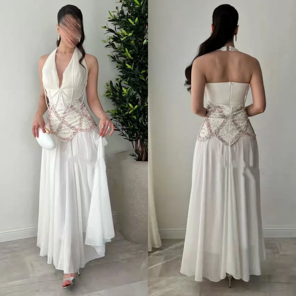 Одинаковые шифоновые плиссированные платья по индивидуальному заказу с жемчугом и лямкой на шее, миди-платья на заказ, вечерняя мода, официальная одежда 
Одинаковые шифоновые плиссированные платья по индивидуальному заказу с жемчугом и лямкой на шее, миди-платья на заказ, вечерняя мода, официальная одежда