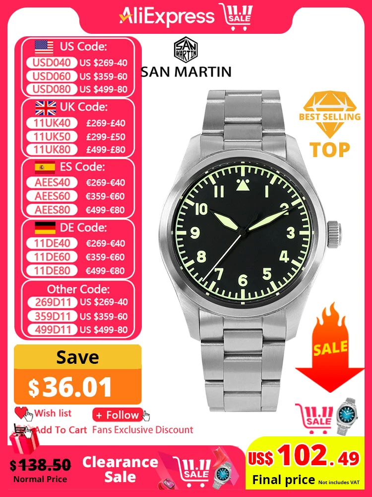 San Martin 39mm Pilot Men Watch Military Fashion Simple Style NH35 YN55A Automatic Mechanical Watches 20 Bar Waterproof Luminous
San Martin 39mm Pilot Men Watch Military Fashion Simple Style NH35 YN55A Automatic Mechanical Watches 20 Bar Waterproof Luminous