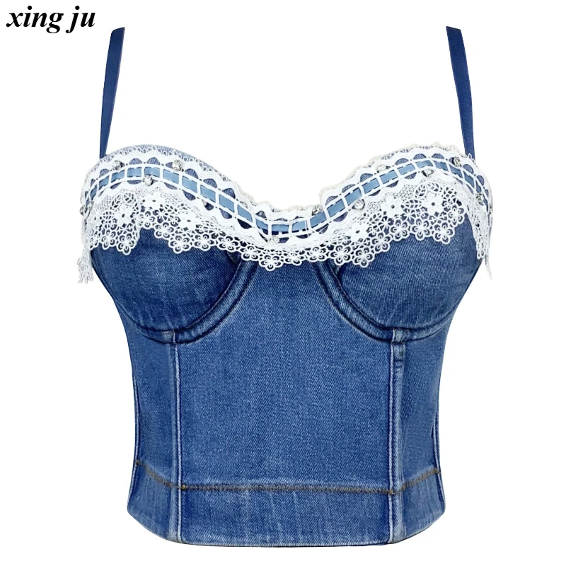 Xing Ju Party Hot Girl Fishbone Denim Halter Tops Women Jazz Dance Costume Nightclub DJ Sexy Lace Ruffles Vest Singer Stage Wear
Xing Ju Party Hot Girl Fishbone Denim Halter Tops Women Jazz Dance Costume Nightclub DJ Sexy Lace Ruffles Vest Singer Stage Wear