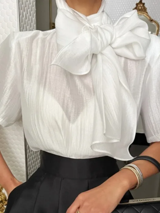 Fashionable Chic Knot Front Short Sleeve Shirt Women's Simple Elegance Design Korean Style Bow Stand Collar Top
Fashionable Chic Knot Front Short Sleeve Shirt Women's Simple Elegance Design Korean Style Bow Stand Collar Top