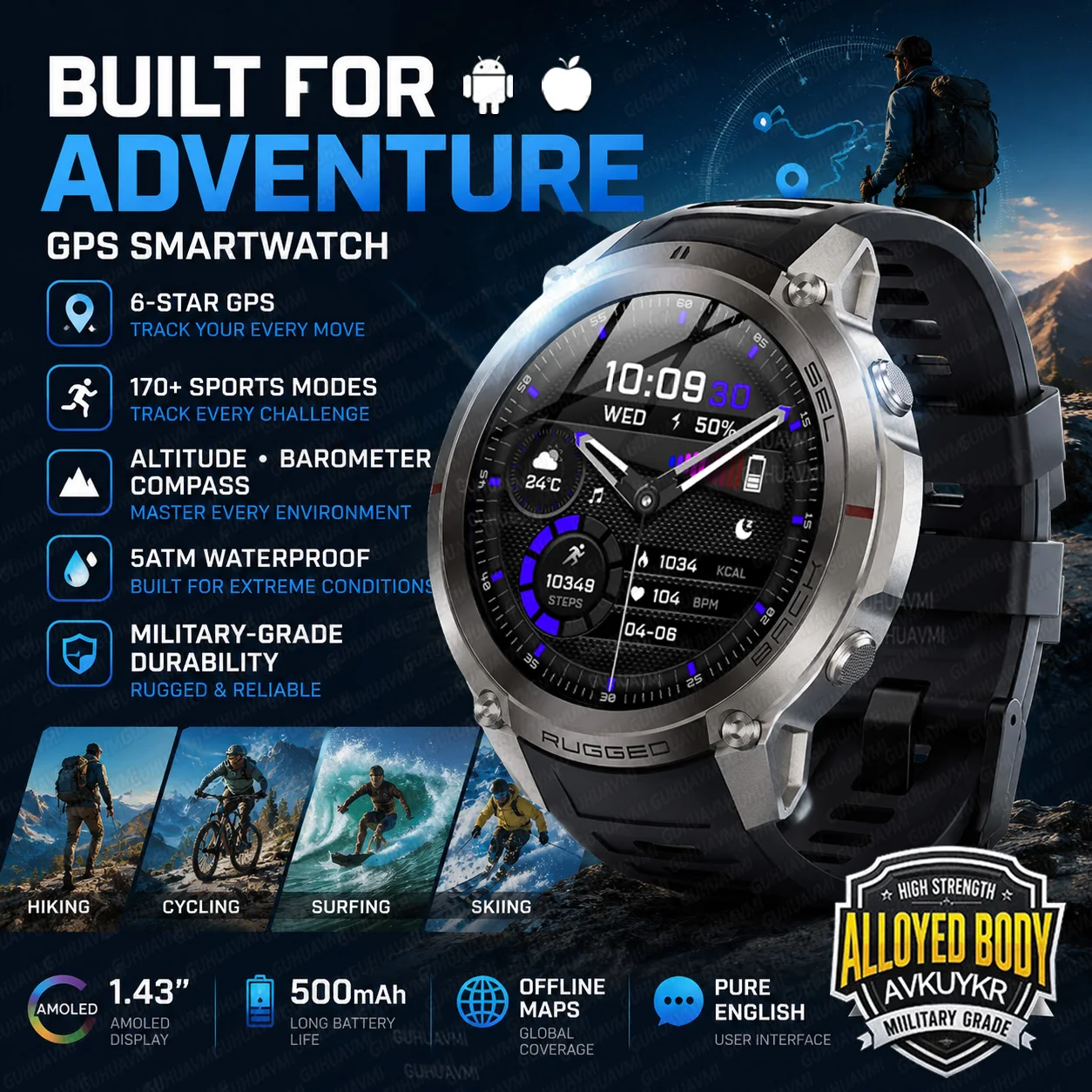 New Rugged GPS Sport Smartwatch 1.43" AMOLED Screen 5ATM Waterproof Offline Map Compass 500mAh Smart Watch for Men Android iOS
New Rugged GPS Sport Smartwatch 1.43" AMOLED Screen 5ATM Waterproof Offline Map Compass 500mAh Smart Watch for Men Android iOS