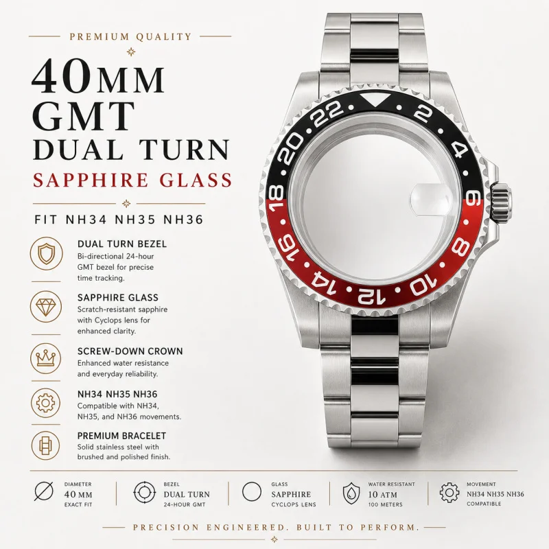 NH35 GMT dual turn case 40mm 316L stainless steel 5BAR waterproof sapphire glass back cover fit for NH34 35 36 movement Cyclops
NH35 GMT dual turn case 40mm 316L stainless steel 5BAR waterproof sapphire glass back cover fit for NH34 35 36 movement Cyclops