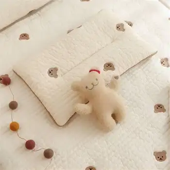 유아 자수 곰 퀼트 베개, 유치원 통기성 땀 흡수 순면 베개, 귀여운 아기 베개