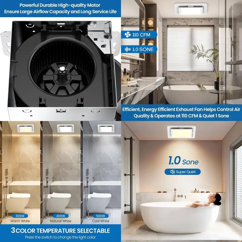 Ceiling Mounted Shower Bathroom Exhaust Fan with Light, 3CCT, 110 CM, 1.0 Sones, Easy Install, ETL & CC Certified
Ceiling Mounted Shower Bathroom Exhaust Fan with Light, 3CCT, 110 CM, 1.0 Sones, Easy Install, ETL & CC Certified