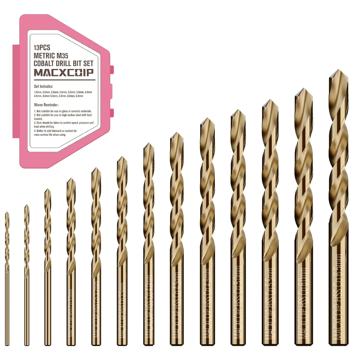 13 Pcs M35 Cobalt Drill Bit Set, 1.5mm-6.5mm for Hardened Metals, Stainless Steel, Cast Iron, Plastic, with Case
13 Pcs M35 Cobalt Drill Bit Set, 1.5mm-6.5mm for Hardened Metals, Stainless Steel, Cast Iron, Plastic, with Case