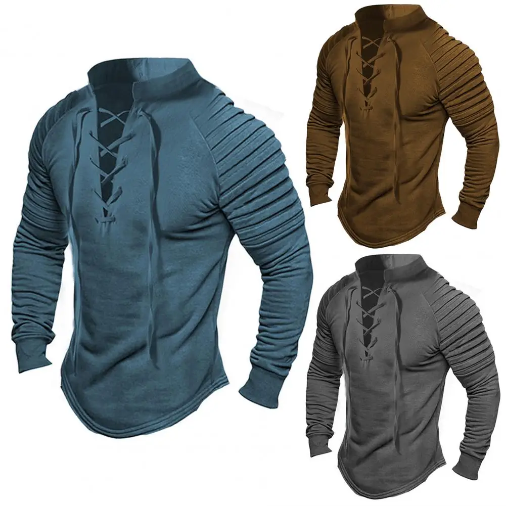 Slim Fit T-shirt Vintage Men's Stand Collar Lace-up Pullover with Pleated Long Sleeves Slim Fit Solid Color for Streetwear
Slim Fit T-shirt Vintage Men's Stand Collar Lace-up Pullover with Pleated Long Sleeves Slim Fit Solid Color for Streetwear