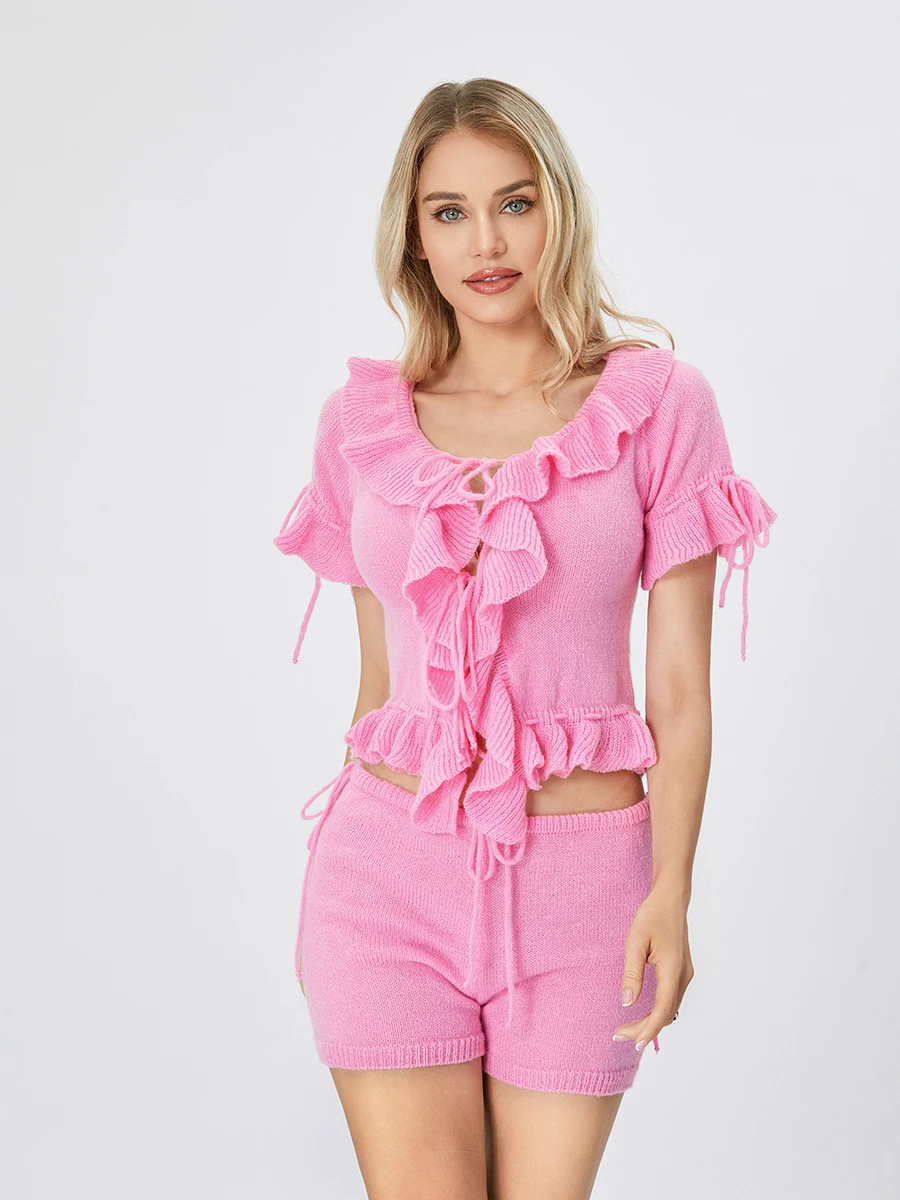 Women 2 Piece Outfits Solid Color Ruffle Trim Cutout Knit Short Sleeves Tops and Elastic Shorts Club Streetwear Summer Clothes
Women 2 Piece Outfits Solid Color Ruffle Trim Cutout Knit Short Sleeves Tops and Elastic Shorts Club Streetwear Summer Clothes