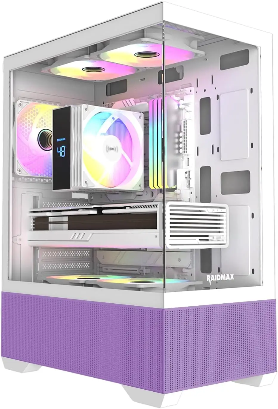 Compact ATX Gaming PC Case with 5 RGB Fans, Panoramic Tempered Glass, High Airflow, Supports 320mm GPU & 240mm Radiator (Purple)
Compact ATX Gaming PC Case with 5 RGB Fans, Panoramic Tempered Glass, High Airflow, Supports 320mm GPU & 240mm Radiator (Purple)