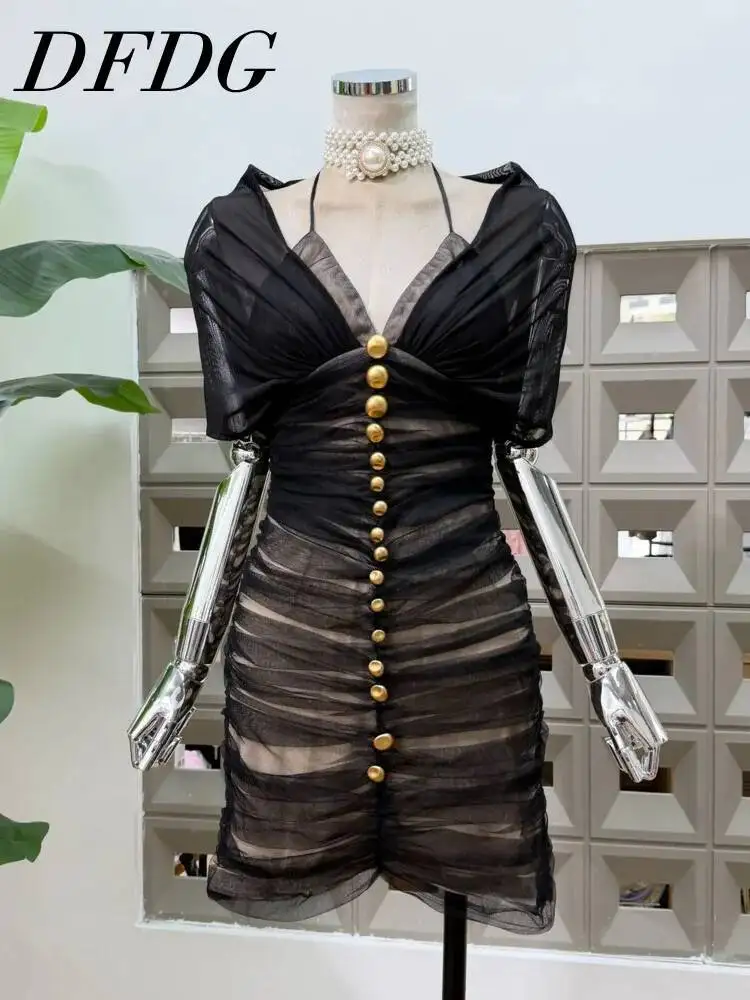 DFDG Women 2026 Spring Summer Sheer Mesh Halter Neck Dress Ruched Waist Gold Button Bodycon Elegant Club Party Cocktail Dress
DFDG Women 2026 Spring Summer Sheer Mesh Halter Neck Dress Ruched Waist Gold Button Bodycon Elegant Club Party Cocktail Dress
