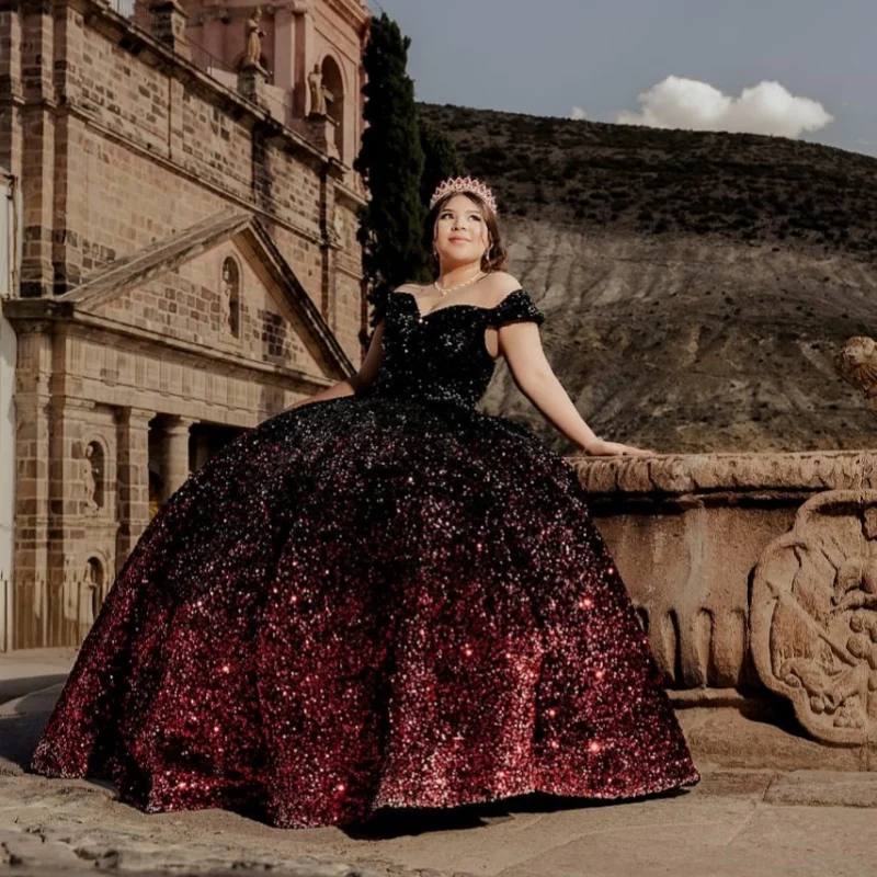 Customized Shiny Black red gradient color Quinceanera Dresses Off the Shoulder sequin Lace Vestido De 15 Quinceanera
Customized Shiny Black red gradient color Quinceanera Dresses Off the Shoulder sequin Lace Vestido De 15 Quinceanera