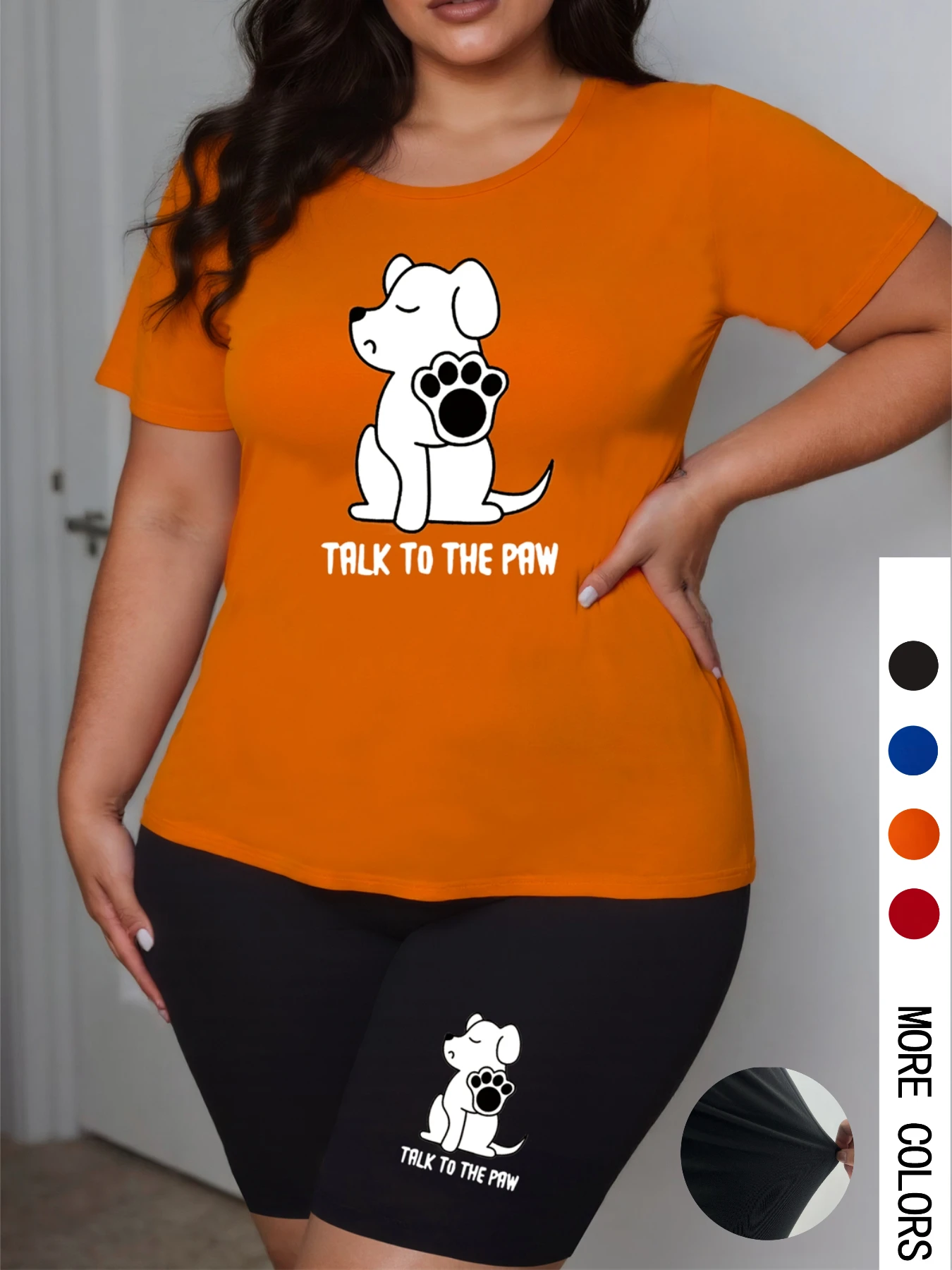 Plus Size Women 2 Piece Shorts Set Short Sleeve T-shirt Elastic Summer Dog Print Street Wear Oversize Two Piece Outfits
Plus Size Women 2 Piece Shorts Set Short Sleeve T-shirt Elastic Summer Dog Print Street Wear Oversize Two Piece Outfits
