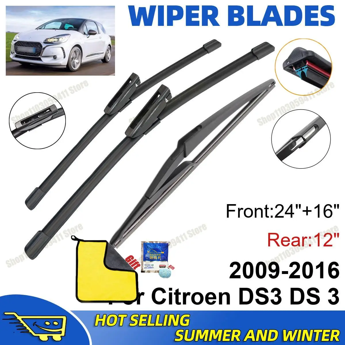 3PCS For Citroen DS3 DS 3 2009-2016 24" + 16"+ 12" Front Rear Wiper Blades Set Windshield Windscreen Car Accessories
3PCS For Citroen DS3 DS 3 2009-2016 24" + 16"+ 12" Front Rear Wiper Blades Set Windshield Windscreen Car Accessories