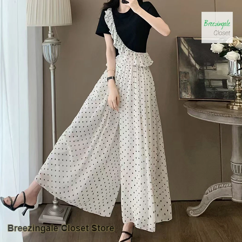 French polka-dot wide-leg pants suit women's summer new fashion irregular ruffled short-sleeved high-waisted chiffon pants.
French polka-dot wide-leg pants suit women's summer new fashion irregular ruffled short-sleeved high-waisted chiffon pants.