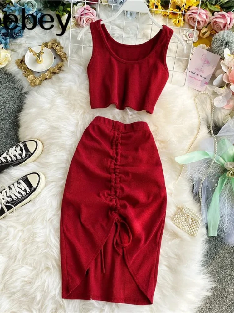 2026 Summer Women 2pcs Set Black/Red Vintage Round Neck Knitted Short Tops + Drawstring Bodycon Skirt Female Two Piece Set New
2026 Summer Women 2pcs Set Black/Red Vintage Round Neck Knitted Short Tops + Drawstring Bodycon Skirt Female Two Piece Set New