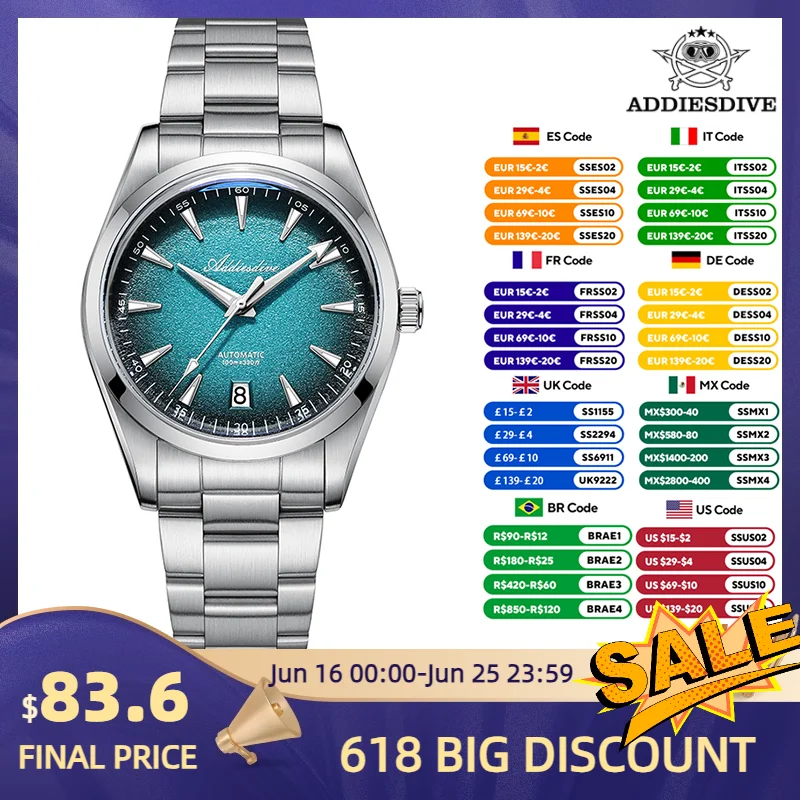 ADDIESDIVE New AD2094 NH35 Automatic Watch Stainless Domed Luxury Dress Watch Gradient Luminous Waterproof 39mm Mechanical Watch
ADDIESDIVE New AD2094 NH35 Automatic Watch Stainless Domed Luxury Dress Watch Gradient Luminous Waterproof 39mm Mechanical Watch
