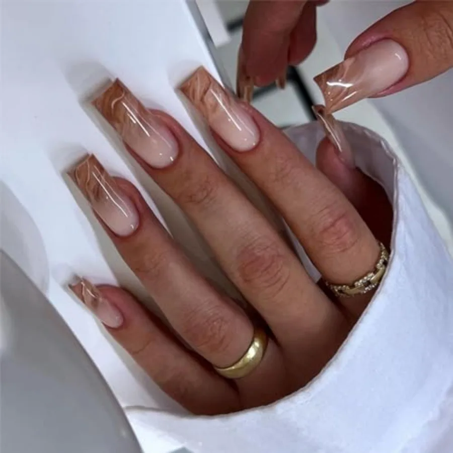 Press On Nails - Long Square Brown Marble Gradient False Nails, Glossy Glue On, Artificial Squoval Nude Fake Nails, Full Cover
Press On Nails - Long Square Brown Marble Gradient False Nails, Glossy Glue On, Artificial Squoval Nude Fake Nails, Full Cover