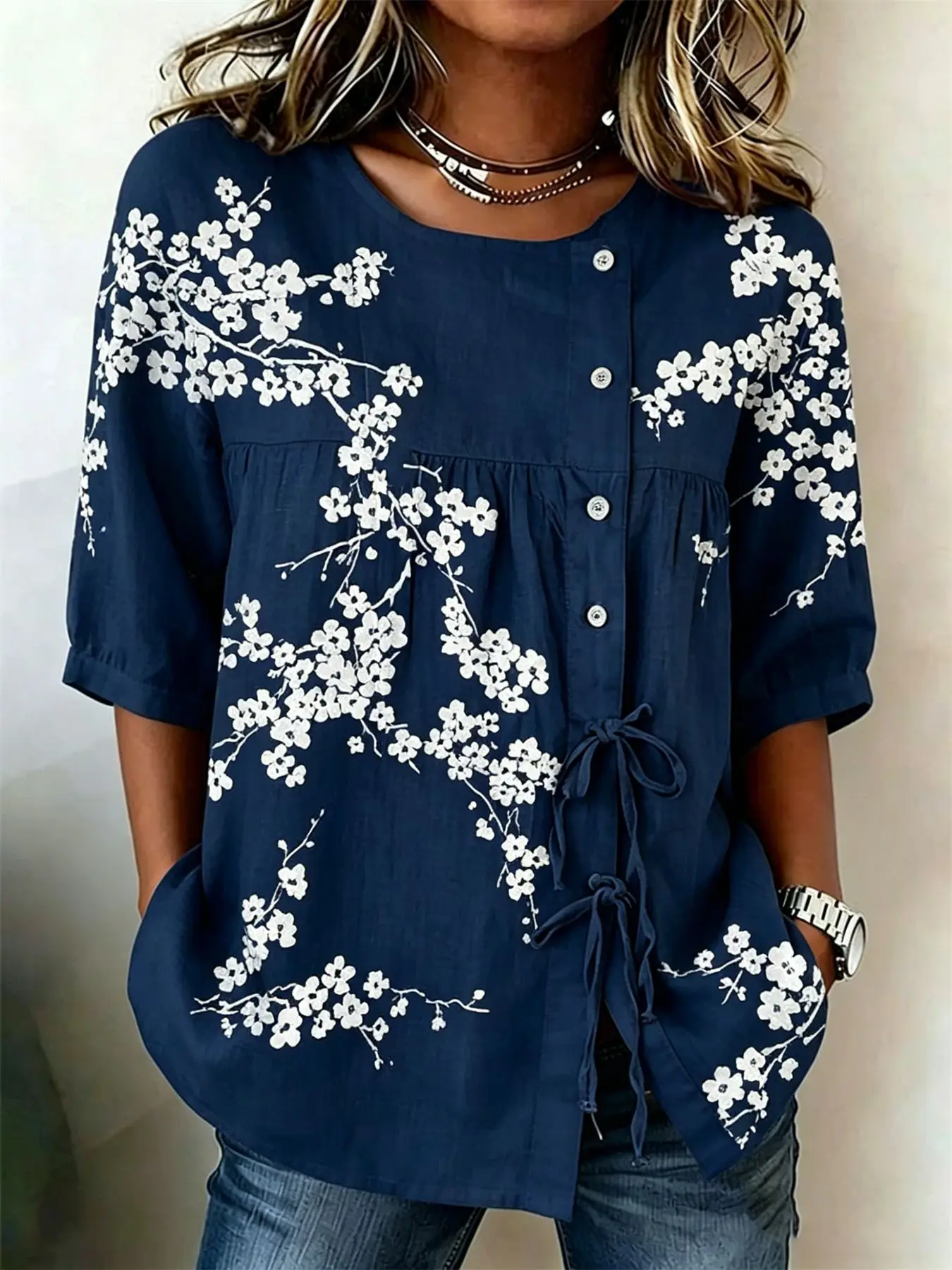 Women's Navy Cherry Blossom Print Drawstring Button Up Blouse, Casual Round Neck Tops for Spring Summer Daily Vacation Wear
Women's Navy Cherry Blossom Print Drawstring Button Up Blouse, Casual Round Neck Tops for Spring Summer Daily Vacation Wear