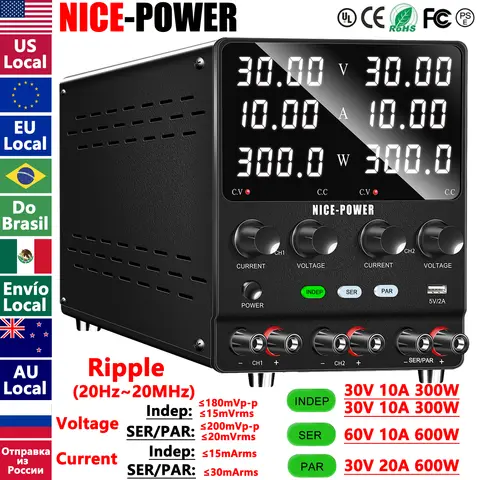 NICE-POWER Dual Output Lab Power Supply, 30V 10A Adjustable Switching Regulated Series (60V 10A) Parallel (30V 20A) Power Supply