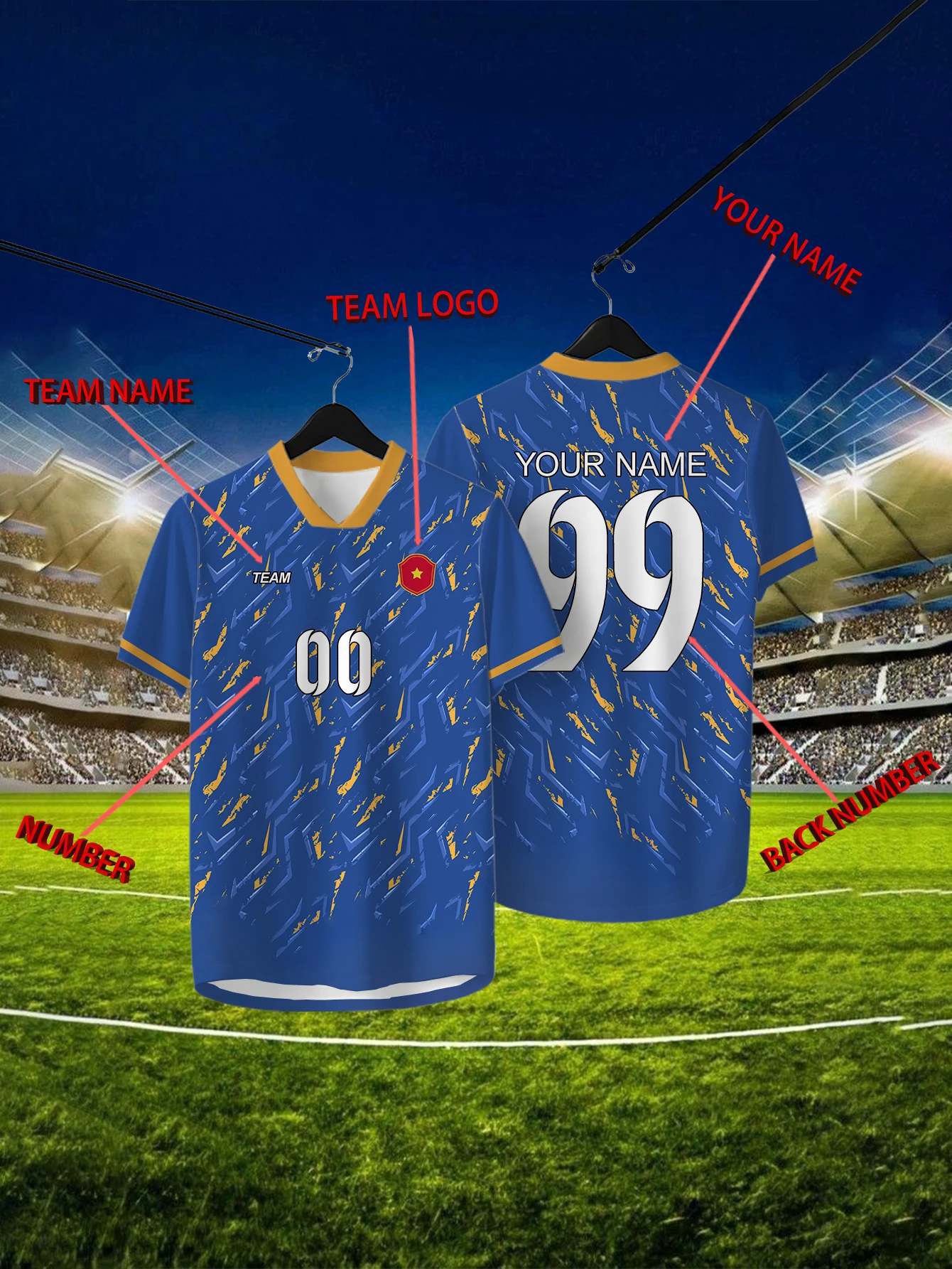 Customized Geometric Blue Short Sleeved Shirt with Team Name, Emblem, Name and Number, Outdoor Sports Short Sleeved T-shirt 
Customized Geometric Blue Short Sleeved Shirt with Team Name, Emblem, Name and Number, Outdoor Sports Short Sleeved T-shirt