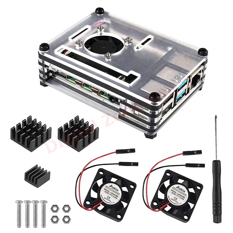 Acrylic Case for Raspberry Pi 4 Model B with 2Pcs Cooling Fan 30*30mm and 3pcs Aluminum Heatsinks Kit for Raspberry Pi 4B
Acrylic Case for Raspberry Pi 4 Model B with 2Pcs Cooling Fan 30*30mm and 3pcs Aluminum Heatsinks Kit for Raspberry Pi 4B