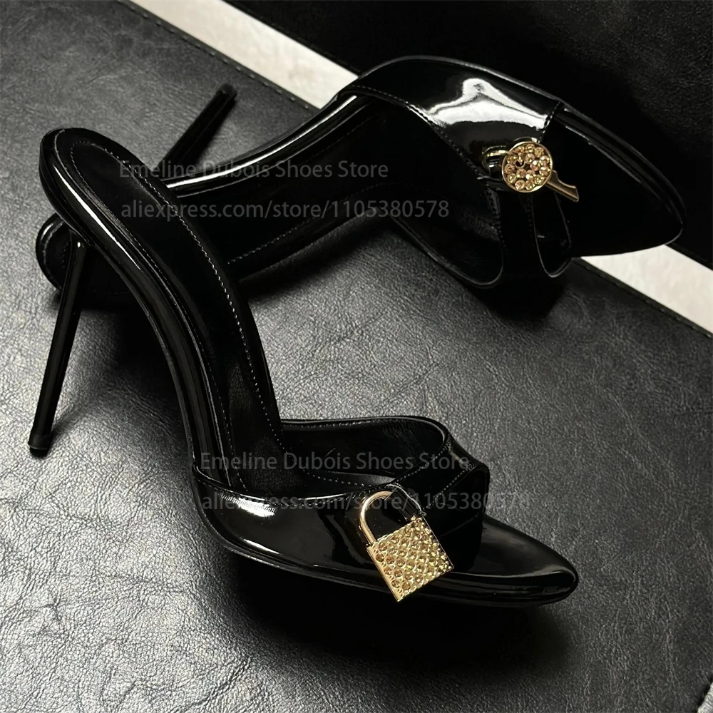 Patent Leather Lock Key Open Toe Stilettos Sandals Sexy Women Rhinestone High Heel Slides Party Club Summer Ladies Dress Sandals
Patent Leather Lock Key Open Toe Stilettos Sandals Sexy Women Rhinestone High Heel Slides Party Club Summer Ladies Dress Sandals