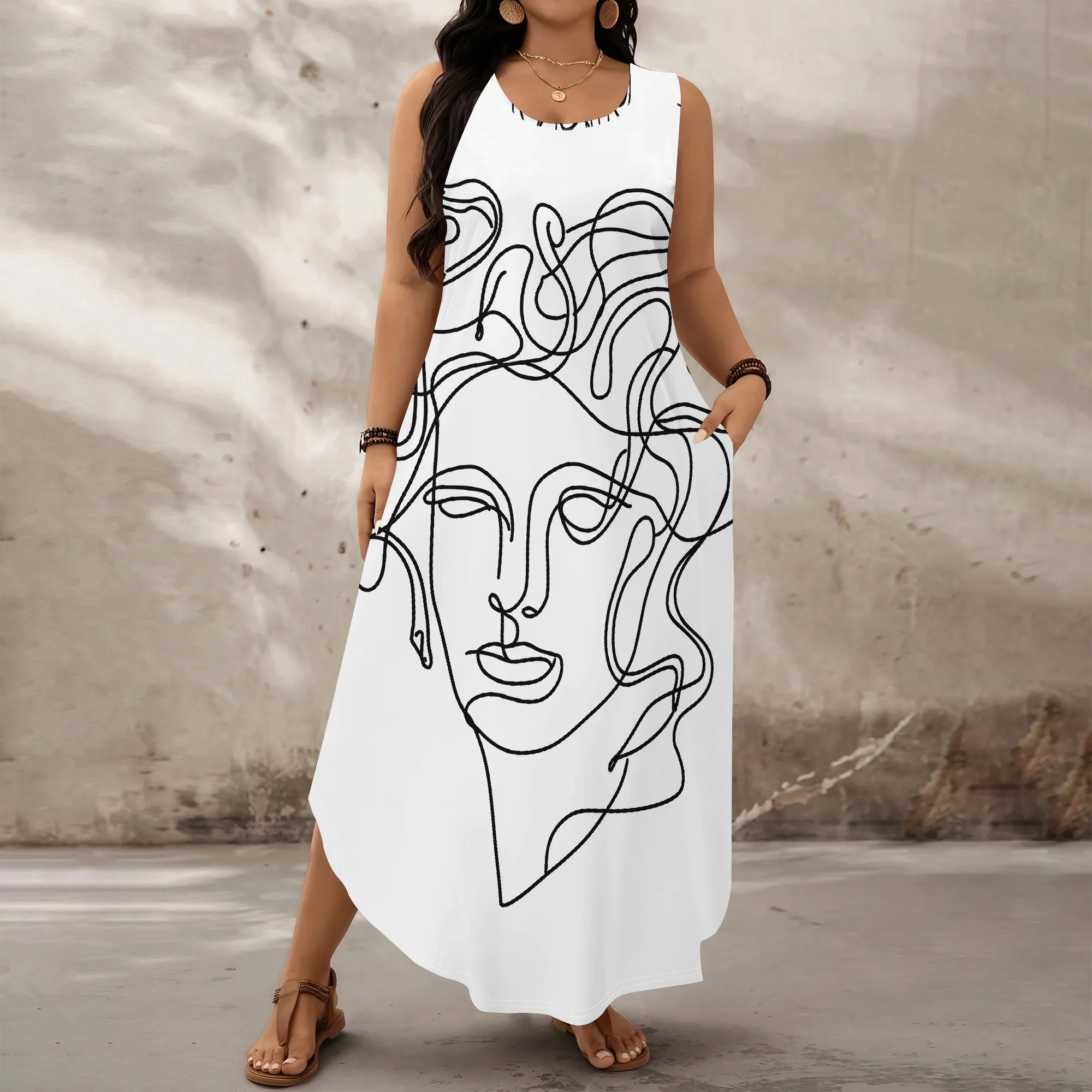 Abstract Line Art Face Print Dress XL-6XL Sleeveless White Maxi Style for Gallery Visits or Minimalist Casual Look
Abstract Line Art Face Print Dress XL-6XL Sleeveless White Maxi Style for Gallery Visits or Minimalist Casual Look
