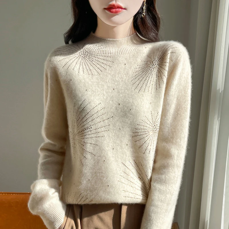 Autumn Winter New Wool Sweater Women's Half High Neck Long Sleeved 100% Pure Wool Loose Fitting Diamond Inlaid Temperament Top
Autumn Winter New Wool Sweater Women's Half High Neck Long Sleeved 100% Pure Wool Loose Fitting Diamond Inlaid Temperament Top