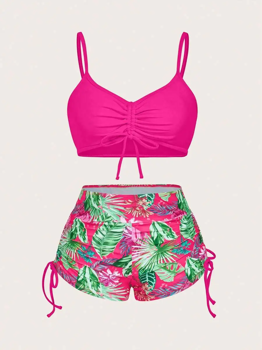 Womens 2 Piece Summer Bikini Set Spaghetti Strap Drawstring Crop Top Tropical Floral Print High Waist Shorts
Womens 2 Piece Summer Bikini Set Spaghetti Strap Drawstring Crop Top Tropical Floral Print High Waist Shorts