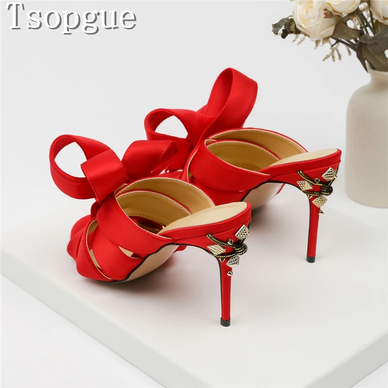Red Black Satin Bow High Heel Slippers Open Toe ,etal Decor Heel Stiletto Mules Women Elegant Party Wedding Banquet Shoes
Red Black Satin Bow High Heel Slippers Open Toe ,etal Decor Heel Stiletto Mules Women Elegant Party Wedding Banquet Shoes