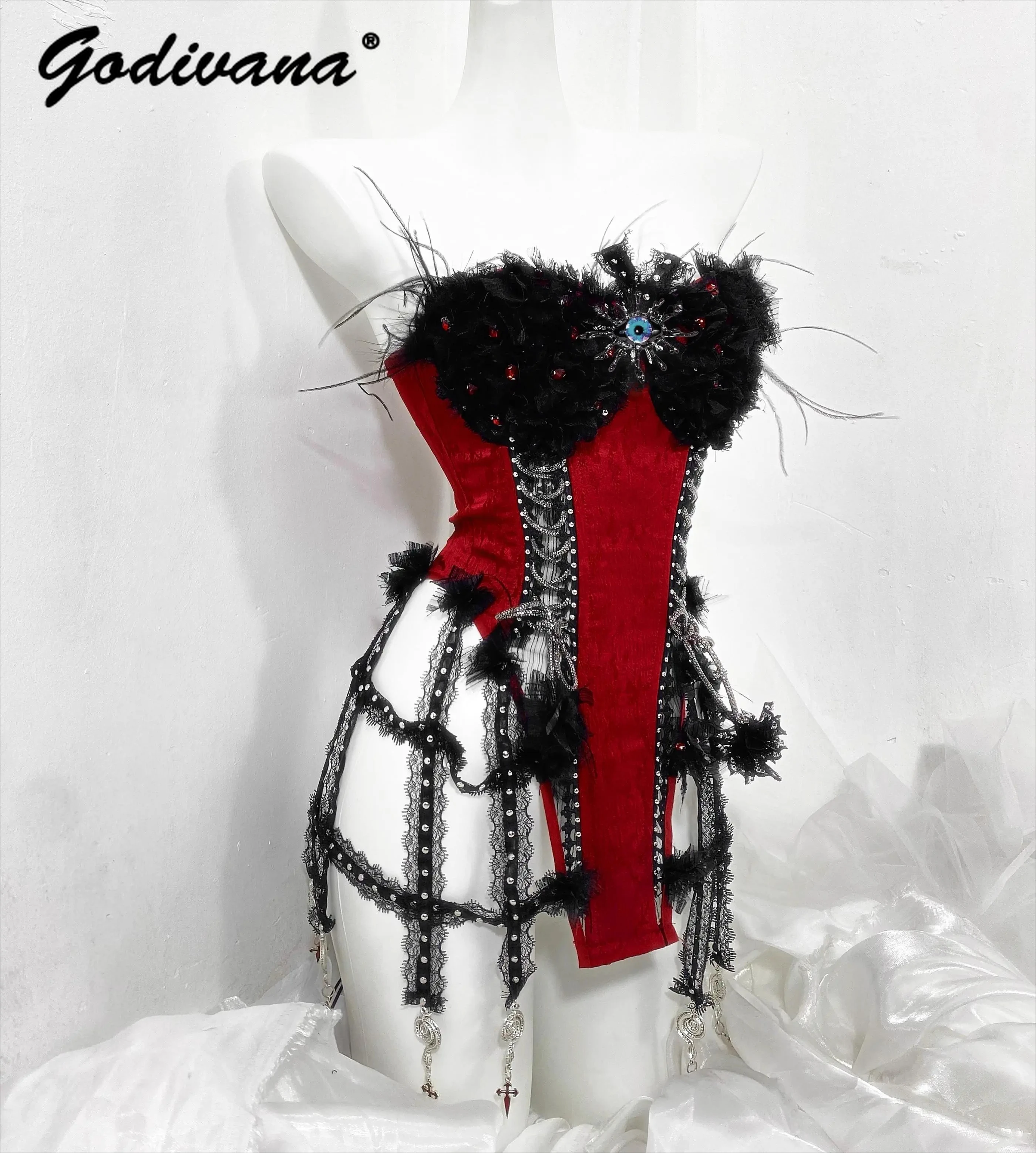 Original Heavy Industry Handmade Red and Black Goth Strap Drawstring Fishbone Bra Birdcage Corset Top Trailing Skirt for Women
Original Heavy Industry Handmade Red and Black Goth Strap Drawstring Fishbone Bra Birdcage Corset Top Trailing Skirt for Women