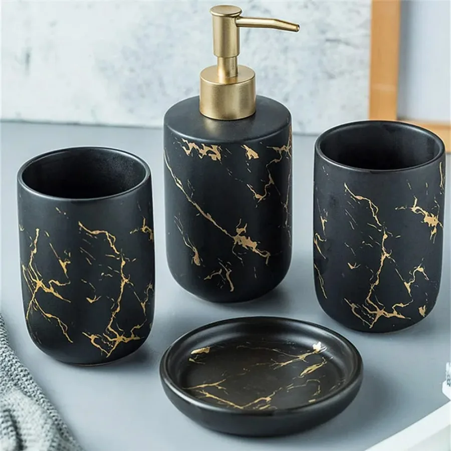Four Pieces Sets with Two Rinse Cup Soap Dish and Lotion Dispenser Nordic Bathroom Accessories Set Marble Texture Toothbrush Cup
Four Pieces Sets with Two Rinse Cup Soap Dish and Lotion Dispenser Nordic Bathroom Accessories Set Marble Texture Toothbrush Cup