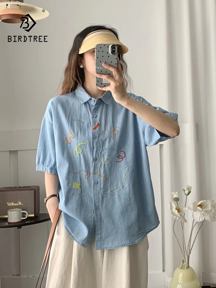 Новинка 2025, летняя джинсовая рубашка с короткими рукавами, женская вышивка с отложным воротником, милая повседневная свободная блузка в стиле ретро Mori Girl T56956CC 
Новинка 2025, летняя джинсовая рубашка с короткими рукавами, женская вышивка с отложным воротником, милая повседневная свободная блузка в стиле ретро Mori Girl T56956CC