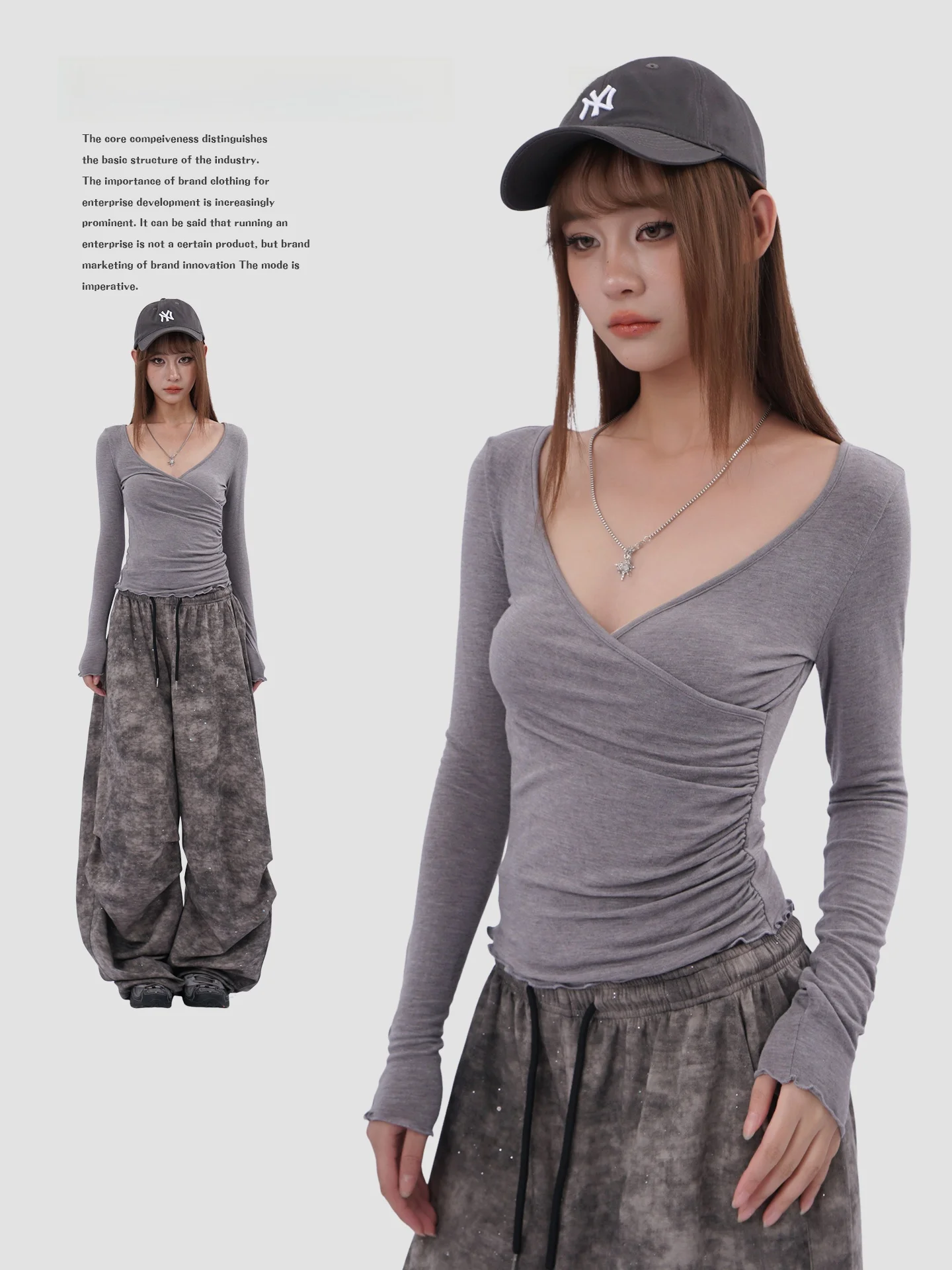 Grey Long Sleeve T-Shirt Women's Deep V-neck Short Style Casual Slim Fit Base Shirt Folded Waist Design 2026 New Arrival
Grey Long Sleeve T-Shirt Women's Deep V-neck Short Style Casual Slim Fit Base Shirt Folded Waist Design 2026 New Arrival