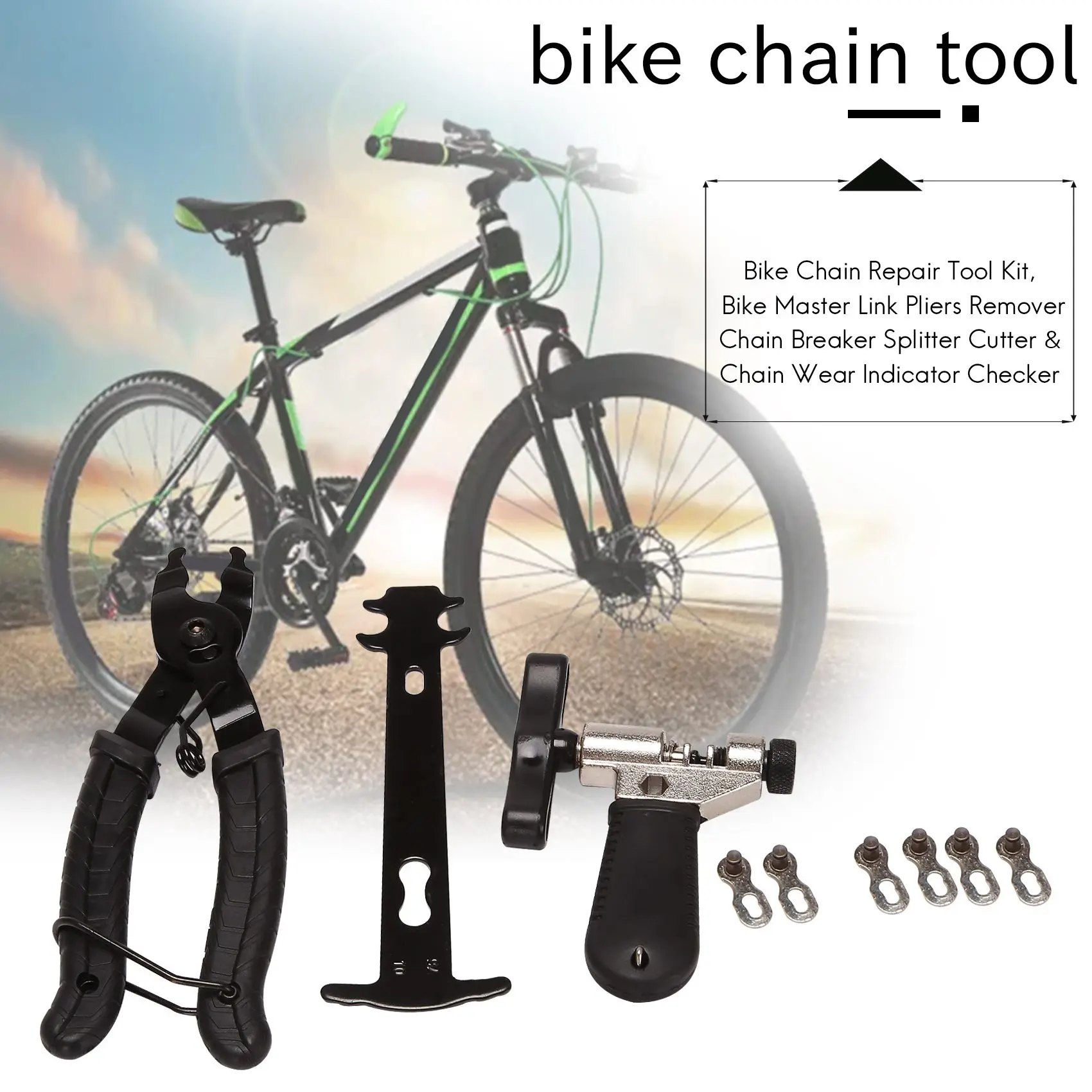 NEW HOT In Stock-Bike Chain Repair Tool Kit, Bike Master Link Pliers Remover Chain Breaker Splitter Cutter & Chain Wear Indicato
NEW HOT In Stock-Bike Chain Repair Tool Kit, Bike Master Link Pliers Remover Chain Breaker Splitter Cutter & Chain Wear Indicato