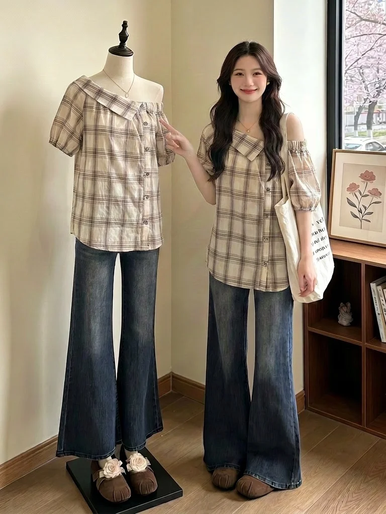 Slimming Plaid Short Sleeve Shirt Women's Design Shoulder Bared Midi Top Korean Style Commute Fashion plus Size Summer New
Slimming Plaid Short Sleeve Shirt Women's Design Shoulder Bared Midi Top Korean Style Commute Fashion plus Size Summer New