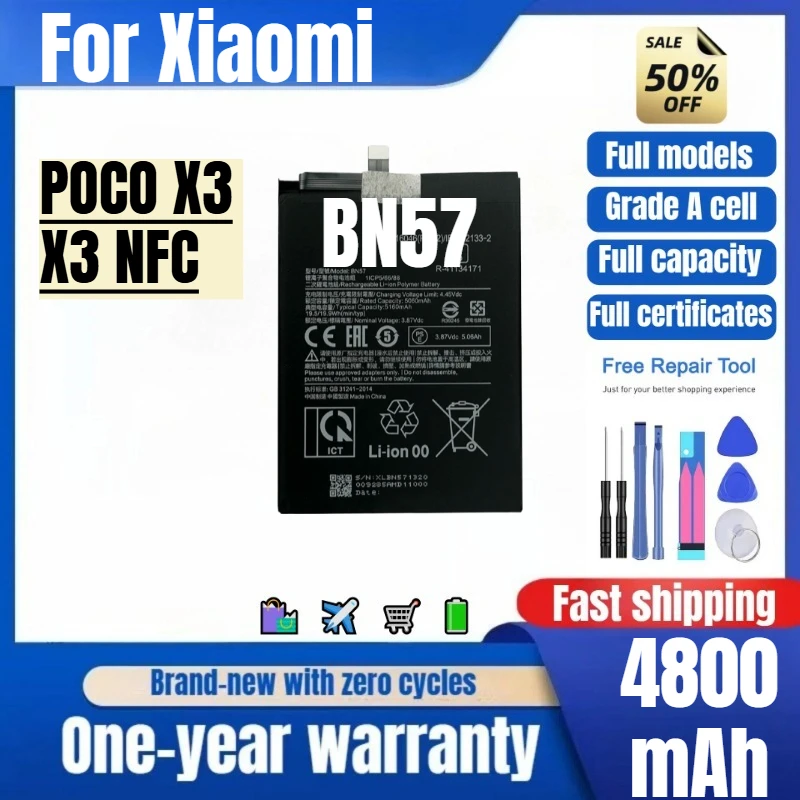 BN57 for Xiaomi POCO X3/X3 NFC Phone Battery High Quality High Capacity Battery Replacement Bateria Grade A Cell with Tools
BN57 for Xiaomi POCO X3/X3 NFC Phone Battery High Quality High Capacity Battery Replacement Bateria Grade A Cell with Tools