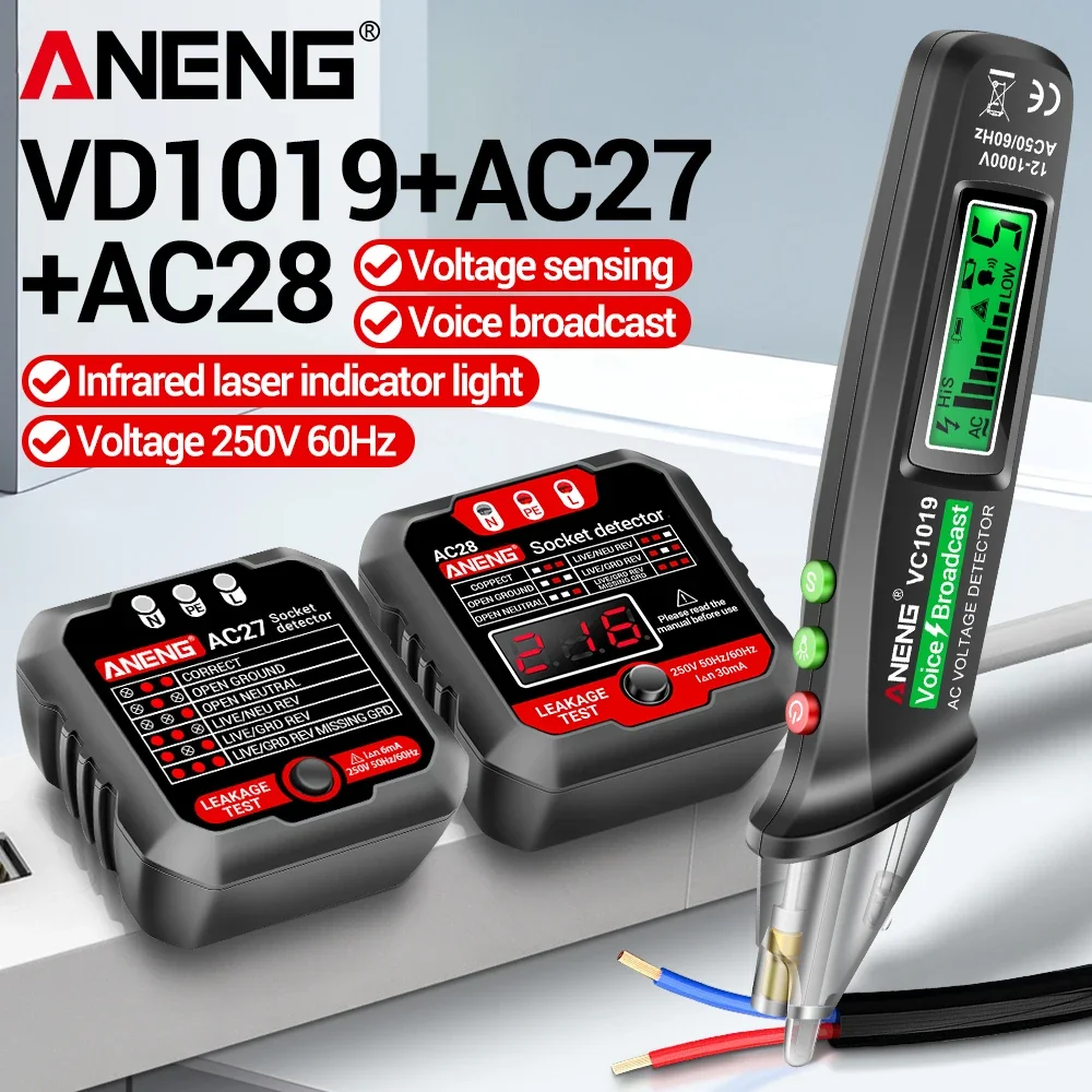 ANENG VC1019 Voice Alarm Laser Tester Pen Suit Leakage Phase Detector AC27 LCD Voltage Display AC28 Digital Socket Home Testers
ANENG VC1019 Voice Alarm Laser Tester Pen Suit Leakage Phase Detector AC27 LCD Voltage Display AC28 Digital Socket Home Testers