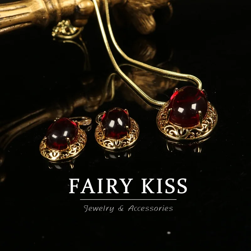 Medieval red glass hollow design necklace earrings simple oval pendant copper plated real gold jewelry
Medieval red glass hollow design necklace earrings simple oval pendant copper plated real gold jewelry