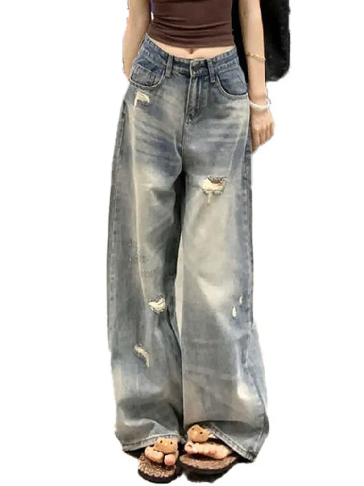Women High Waist Wide Leg Jeans Light Blue Wash Distressed Ripped Denim Pants Vintage Frayed Hole Loose Casual Trousers
Women High Waist Wide Leg Jeans Light Blue Wash Distressed Ripped Denim Pants Vintage Frayed Hole Loose Casual Trousers