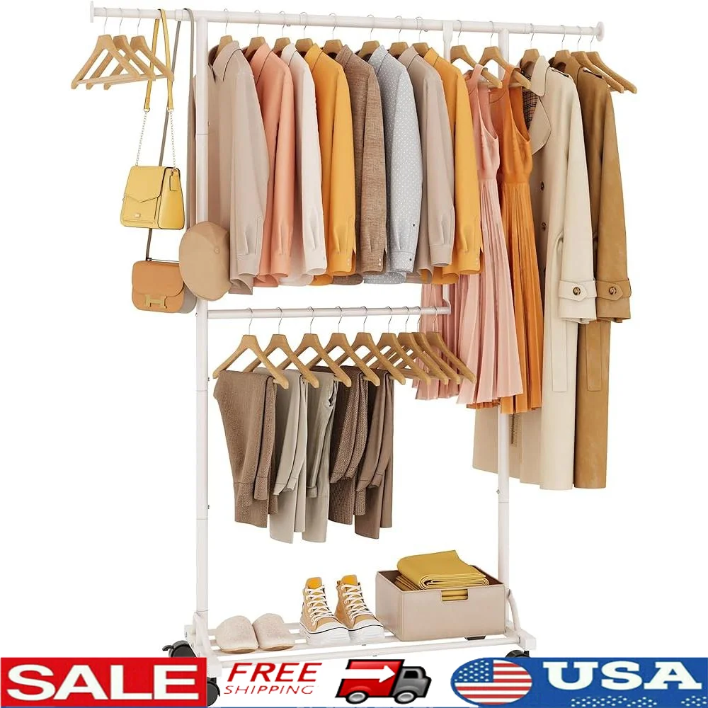 Adjustable Double Rod Clothing Rack on Wheels Heavy Duty Garment Organizer Dresses Coats Shoes Hats Scarves Storage
Adjustable Double Rod Clothing Rack on Wheels Heavy Duty Garment Organizer Dresses Coats Shoes Hats Scarves Storage