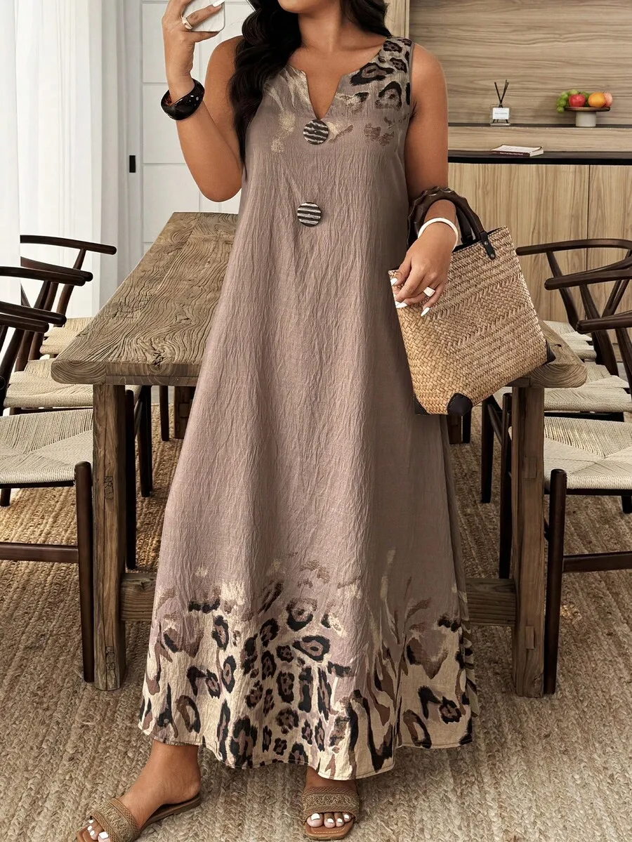 Plus Size Women V-Neck Sleeveless Leopard Print Button A-Line Boho Long Dress For Vacation And Daily Wear Spring Summer
Plus Size Women V-Neck Sleeveless Leopard Print Button A-Line Boho Long Dress For Vacation And Daily Wear Spring Summer