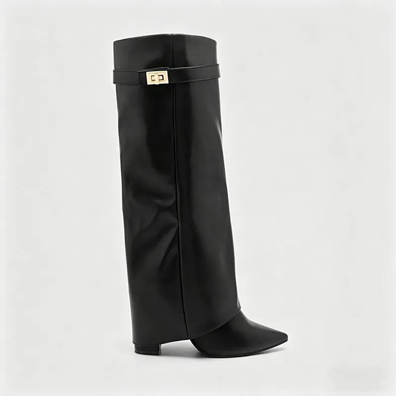 Women's Black Leather & Suede Fold-Over Knee High Boots Pointed Toe High Block Heel with Buckle Party Fashion Tall Boots
Women's Black Leather & Suede Fold-Over Knee High Boots Pointed Toe High Block Heel with Buckle Party Fashion Tall Boots