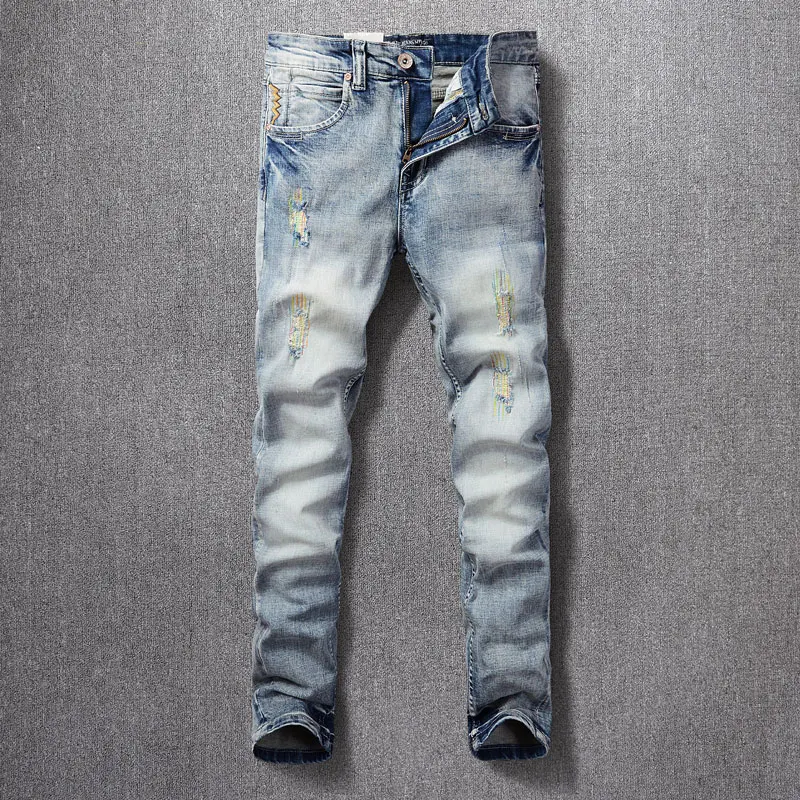 Fashion Vintage Men Jeans Retro Washed Light Blue Elastic Stretch Slim Ripped Jeans Embroidery Designer Patched Denim Pants Men
Fashion Vintage Men Jeans Retro Washed Light Blue Elastic Stretch Slim Ripped Jeans Embroidery Designer Patched Denim Pants Men