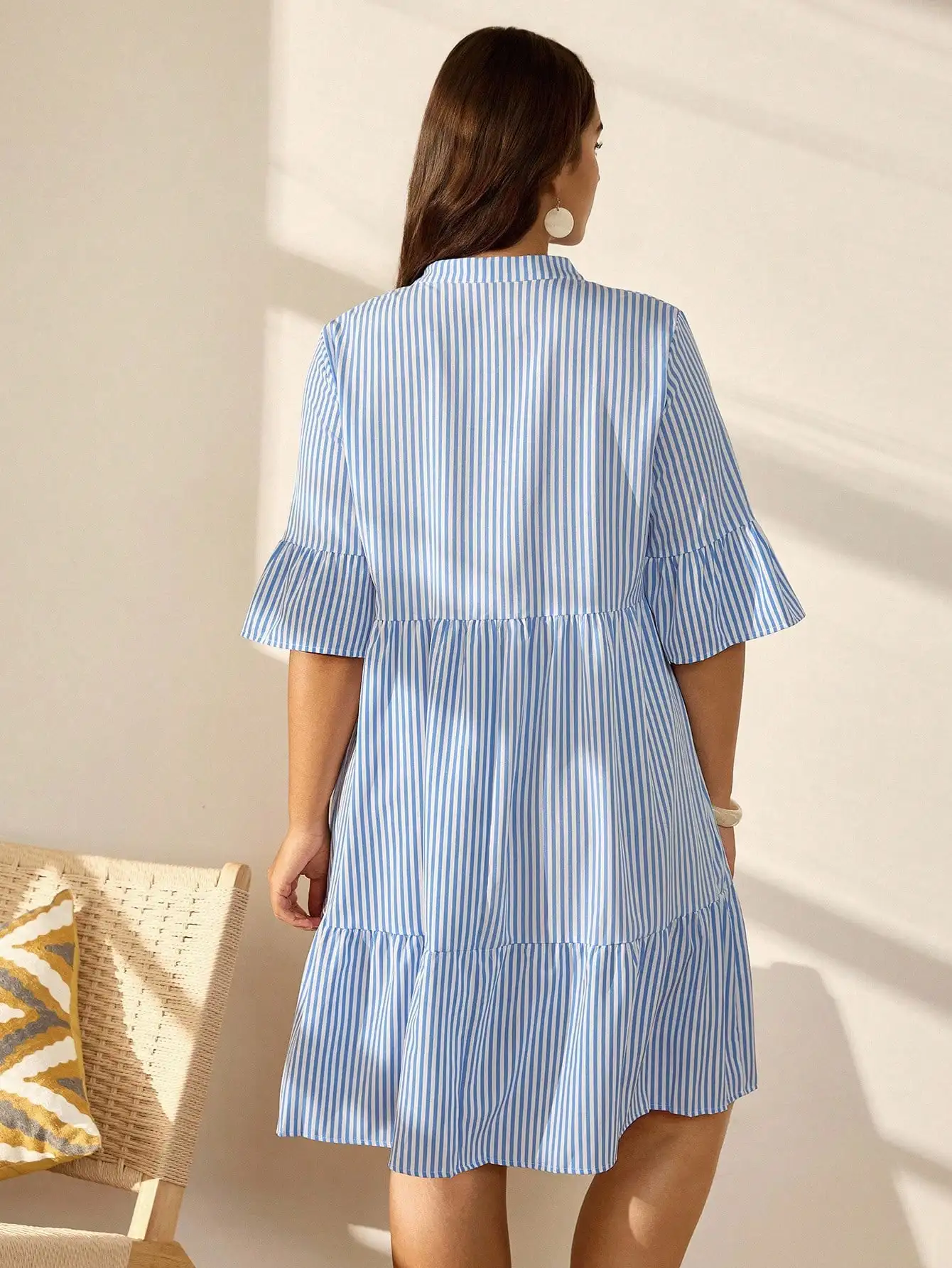 Striped Pleated Ruffle Sleeve Shirt Dress For Women
Striped Pleated Ruffle Sleeve Shirt Dress For Women