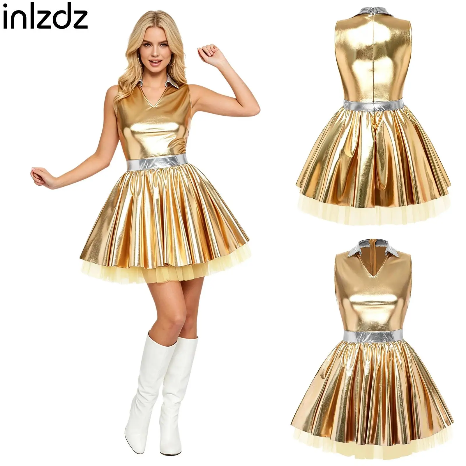 Elegant Womens Disco Dance Party Dress Outfit Sleeveless A-line Hem with Tulle Layers Metallic Shiny Mini Dress Jazz Dancewear
Elegant Womens Disco Dance Party Dress Outfit Sleeveless A-line Hem with Tulle Layers Metallic Shiny Mini Dress Jazz Dancewear