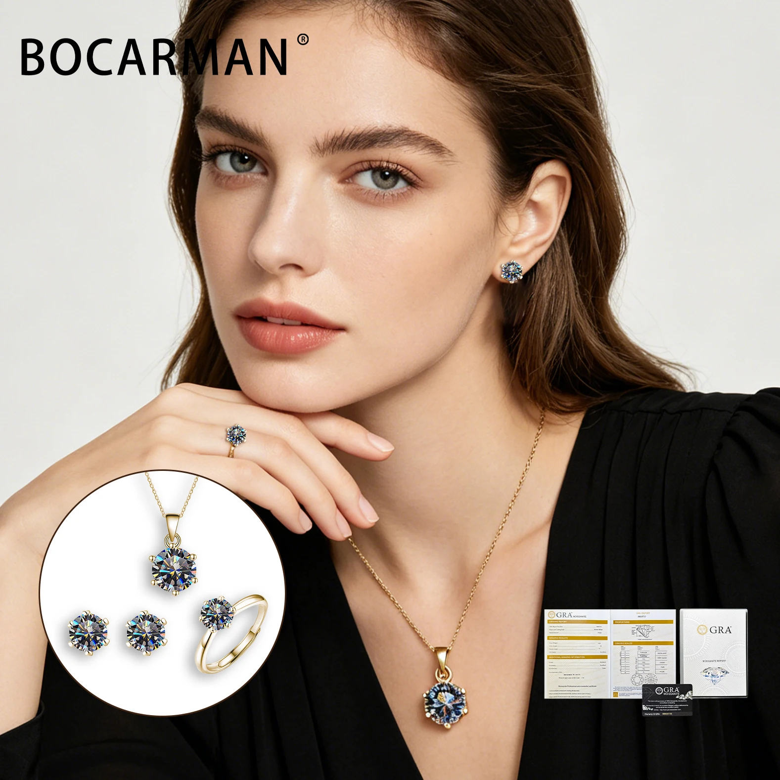 BOCARMAN GRA Certified Moissanite 3PCS Jewelry Set for Women Six Claws Round Pendant Earrings Ring Copper Simple Daily Wear Gift
BOCARMAN GRA Certified Moissanite 3PCS Jewelry Set for Women Six Claws Round Pendant Earrings Ring Copper Simple Daily Wear Gift