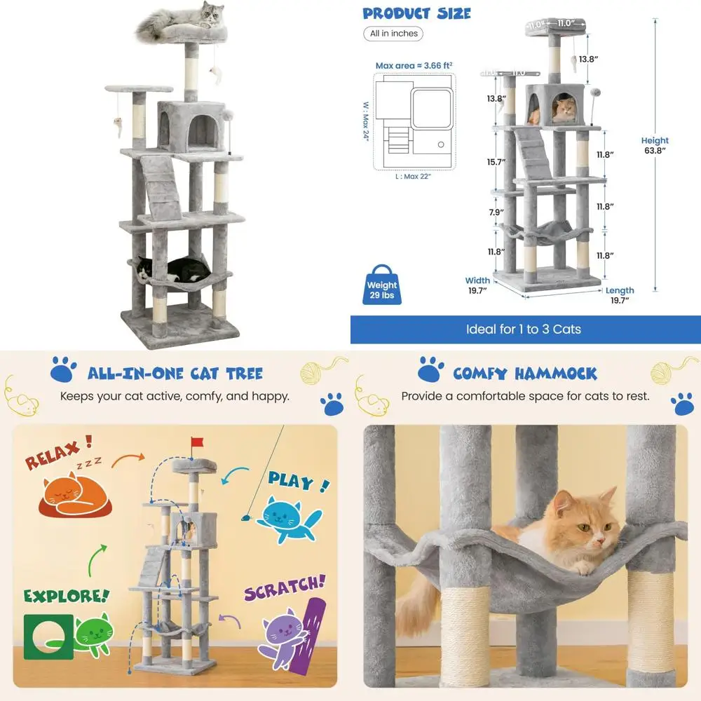 Large Cats Multi-Level 63.8 Cat Tree with Sisal Scratching Posts, Padded Platforms, Hammock, and Condo - Durable and Comfortable
Large Cats Multi-Level 63.8 Cat Tree with Sisal Scratching Posts, Padded Platforms, Hammock, and Condo - Durable and Comfortable