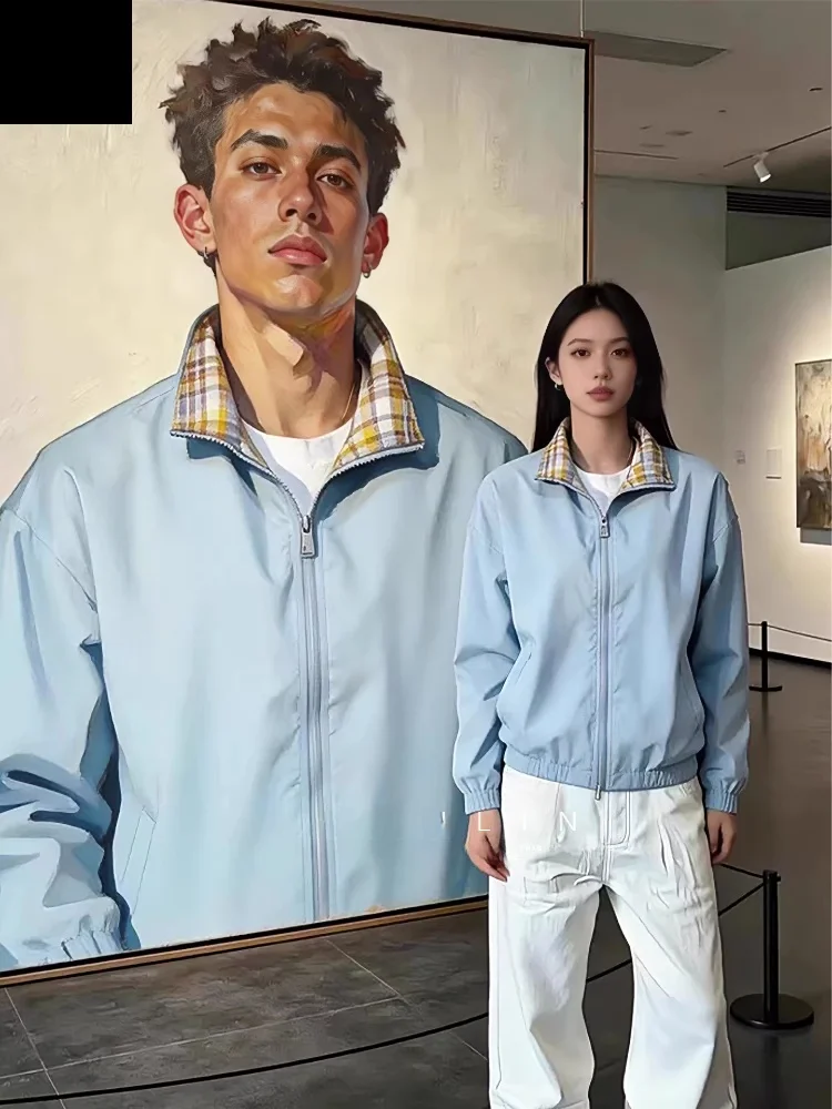 Blue Plaid Splicing Men's Jaet Spring Sle High-End Feel Stand Collar Baseball orm Couple's Outerwear
Blue Plaid Splicing Men's Jaet Spring Sle High-End Feel Stand Collar Baseball orm Couple's Outerwear